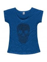 BLUSA FEMININA EM MEIA MALHA COM PRINT APLICADO NA PARTE FRO